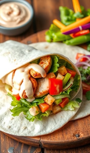 a wrapper with chicken and vegetables on a wooden board
