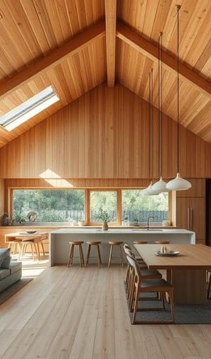 a large open living room with a wooden ceiling