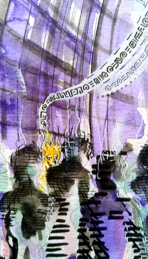 aquarelle aux tons violets et jaunes représentant l'arrivée d'êtres de lumière à contresens dans la fourmilière