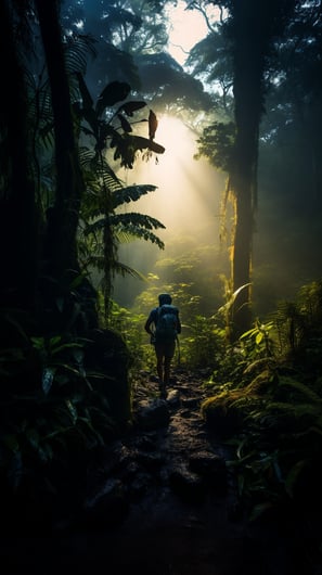 a person walking down a path in the Philippine rainforest