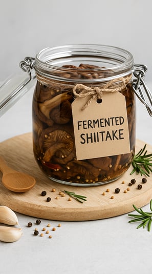 Seta Shitake fermentada en recipiente de vidrio 