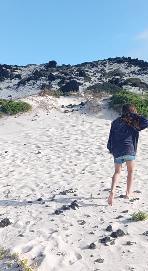 a little girl walking on a white sandy beach with a blue sky in the background