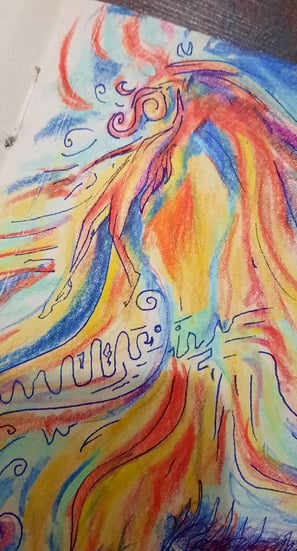 illustration aux tons bleus et orangés, réalisée au crayons de couleurs et feutre fin on distingue visage paysage et corps