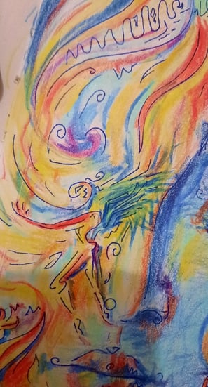 illustration aux tons bleus et orangés, réalisée au crayons de couleurs et feutre fin on distingue visage paysage et corps