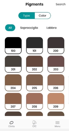 a color palette of different shades of brown, blue, and green