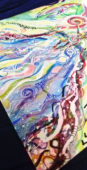 Aquarelle aux tons colorés entre l'abstrait et le cocret, pouvant représenter une frontiere entre mer et ciel, un uterus, etc
