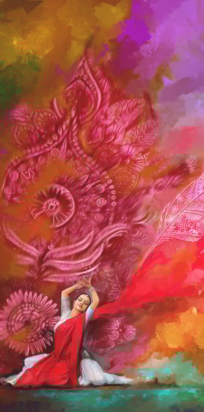 colorful digital painting of Indian woman in traditional dancing pose showing her colorful freedom
