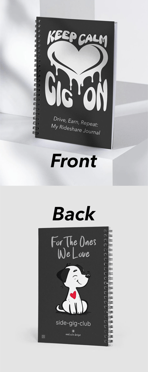 my rideshare note and journal, keep calm, gig on, for the ones we love, vivid calm designs, puppy