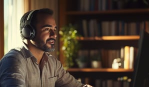 Profesor mexicano en videollamada desde oficina moderna con libros, planta y luz natural