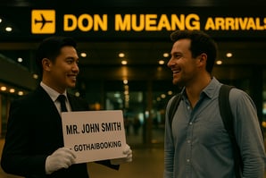 GoThaiBooking chauffeur welcoming passenger with name sign at Don Mueang Airport arrivals terminal i