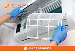 Technician cleaning an air conditioner filter, showcasing reliable AC repair services by Future Easy