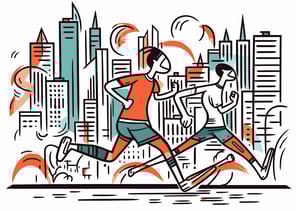 a man and woman running in the city
