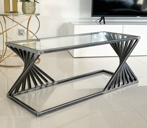 Table basse unique en métal avec effet accordéon plateau verre style industriel
