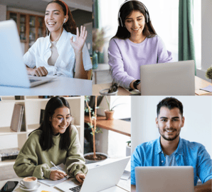 a collage of four people sitting at a table on a conference call