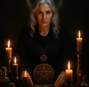 Bruja Samara canalizando ritual ancestral con velas, piedras y simbolo de protección en altar espiritual.