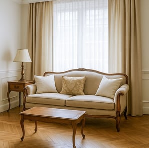 Traditional living room with vintage wood frame sofa, classic coffee table, and neutral drapes by Solo Home Decor.