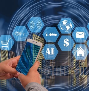 Imagem de um celular e diversos serviços que podem ser feitos no mesmo