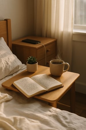 a book and a cup of coffee on a bed