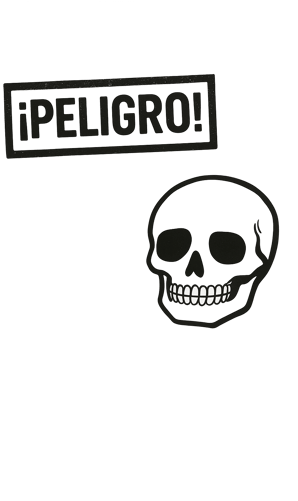 Icono de advertencia de la novela 'Cagada Pagada' con un sello de ¡PELIGRO! y una calavera, ilustran