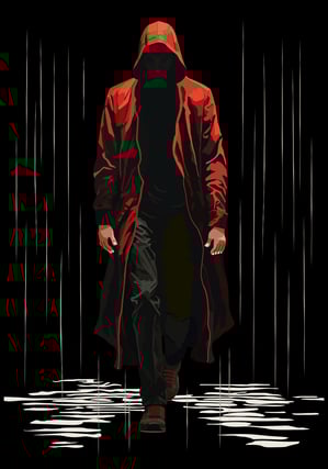 A mysterious red hooded man walking in a rainy night.