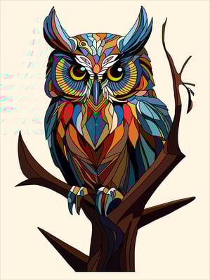 A colorful owl on a branch.