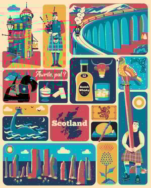 Gird poster of Scotland traditional icons with a reduced palette