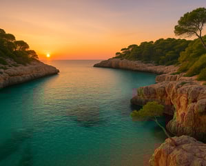 Atardecer en Caló des Moro, Mallorca, con aguas turquesas rodeadas de acantilados – Maiorca Unlocked.
