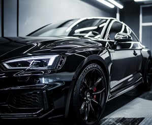 Véhicule Audi à la carrosserie noire brillante dans un garage éclairé aux néons