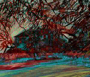 Digital collage - Dumfries House through the trees