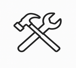 Trust badge icon of hammer and wrench symbolizing professional build quality and licensing