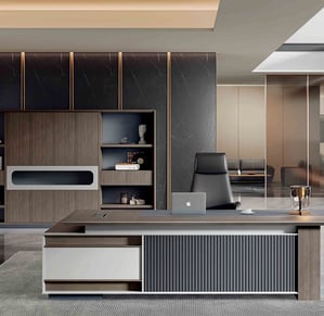 Modern executive office from the Pino Series featuring a stylish desk with vertical paneling, a leat