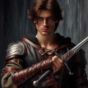 a man in a leather armor outfit holding a sword