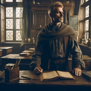 a man in a medieval costume sitting at a desk