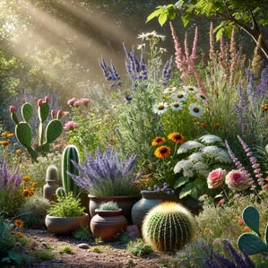 Native American-inspired medicinal garden with diverse healing plants and soft sunlight.