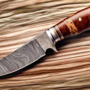 Handcrafted knife with a Damascus steel blade, polished burl wood handle, and gold inlays, displayed on a wooden surface