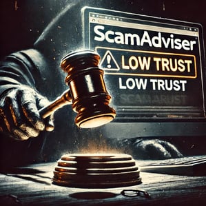 Gavel slamming on screen with Scamadviser 'low trust' warning.
