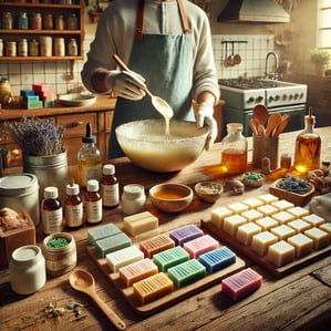 Homemade soap-making process with tools, molds, and colorful soaps on a wooden table.