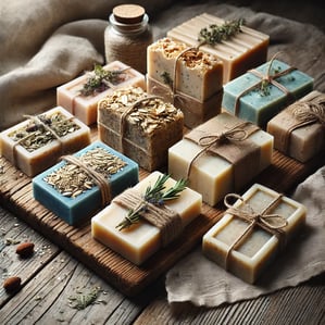 Handmade soaps on a rustic wooden table with natural ingredients