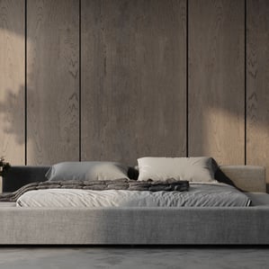 3D rendering of a modern bedroom with a grey bed, wood panel wall, plants, and concrete floor in a minimal design.