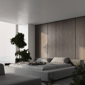 3D rendering of a modern bedroom with a grey bed, wood panel wall, plants, and concrete floor in a minimal design.