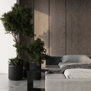 3D rendering of a modern bedroom with a grey bed, wood panel wall, plants, and concrete floor in a minimal design.