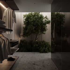 3D rendering of a modern closet with concrete floors, shelves for clothing, and a mirror reflecting green trees and shrubs.