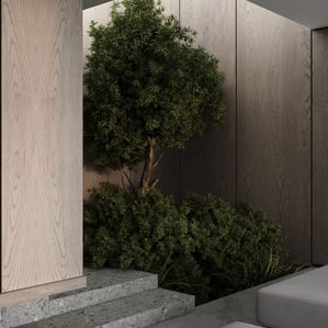 3D rendering of a modern interior with wooden panel walls, gray stone steps, cushioned seating, and minimalist greenery.