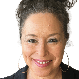 a woman with a large hoop earrings and a black shirt