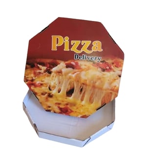 Uma caixa de pizza ilustrada com uma pizza.