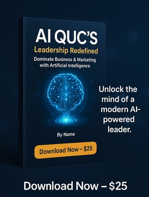 AI QUC’s eBook promotional banner showcasing AI-powered leadership strategies for business, available for $25