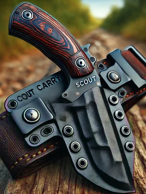 Scout carry knife in horizontal Kydex sheath on leather belt.