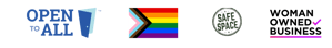 Flags representing Open To All, LGBTQ+, Safe Space and Woman Owned Business