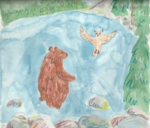 a watercolour and pencil illustration of a shaggy bear talking to an owl