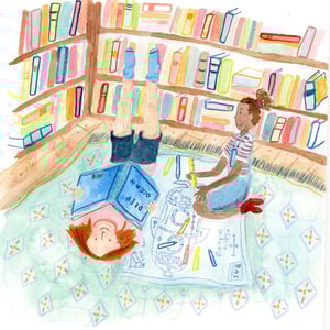 Illustration of two older children planning a submarine trip in a library in pencil and watercolour